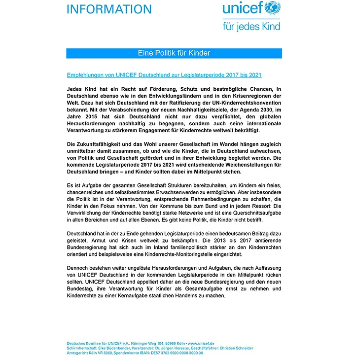 UNICEF-Appell: Legislaturperiode 2017-2021