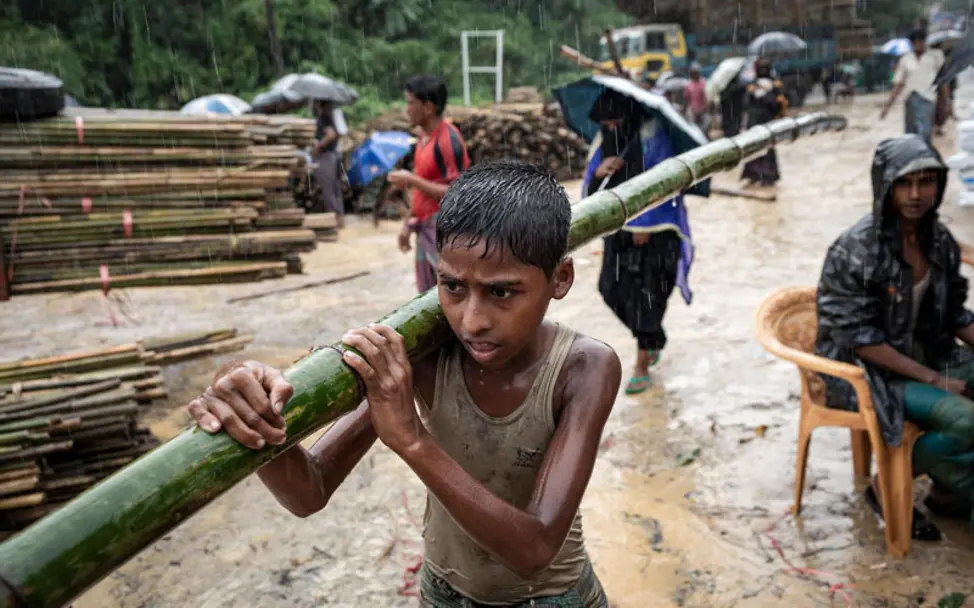 Ein Rohingya-Junge trägt Bambus zum Bau einer Hütte | © UNICEF/Brown Rohingya in Bangladesch: Ein Junge trägt Bambus zum Bau einer Hütte