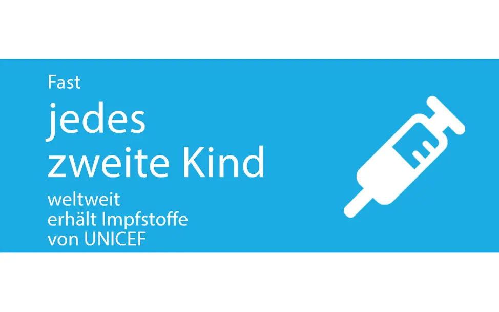 UNICEF ist der größte Impfstofflieferant der Welt Schriftzug "Fast jedes zweite Kind weltweit erhält Impfstoffe von UNICEF"