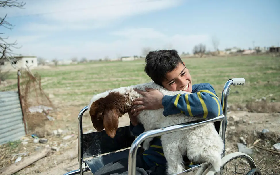 Syrien: Ein im Rollstuhl sitzender Junge streichelt eine Ziege | © UNICEF/Belal Syrien: Ein im Rollstuhl sitzender Junge streichelt eine Ziege | © UNICEF/Belal