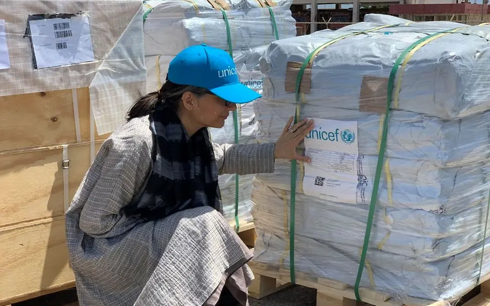 UNICEF-Leiterin im Sudan Mandeep O'Brien. | © UNICEF/UN0840519/Lawler In der Hafenstadt Port Sudan kommen Hilfsgüter für die Kinder im Sudan an.