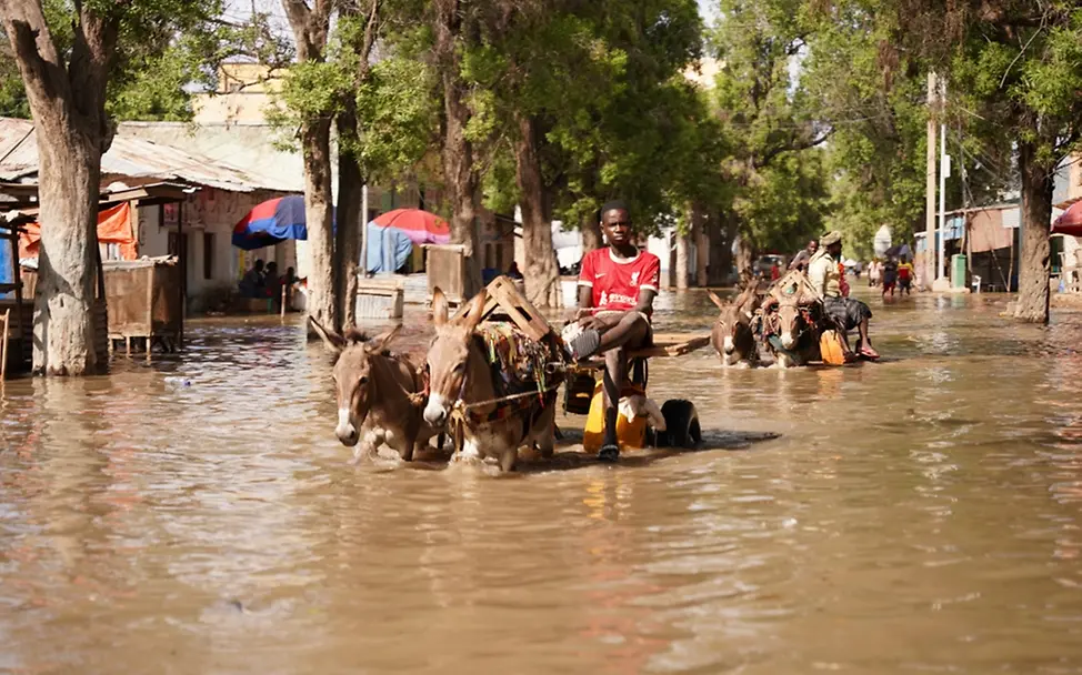 Familien aus Beledweyne, Zentralsomalia sind wegen Hochwasser gezwungen, in höher gelegene Gebiete zu ziehen.