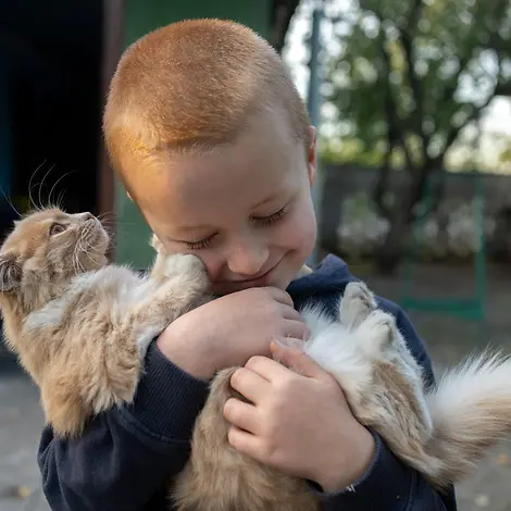 Ukraine Winter Hilfe: Ein geflüchteter Junge in der vom Krieg betroffenen Region Charkiw kuschelt mit seiner Katze