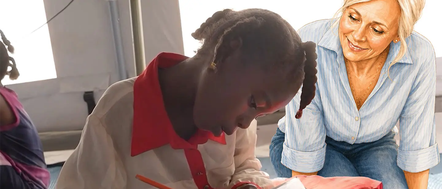 Skizzierte Frau auf Boot | © UNICEF Skizzierte Frau auf Boot