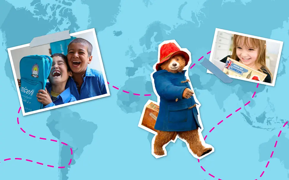 Geschenkideen für den guten Zweck: Verschenken Sie Reisepost von Paddington für Kinder | © UNICEF/P&Co. LtD/SC 2024 Geschenkideen für den guten Zweck: Bildcollage mit Paddington dem Bär.