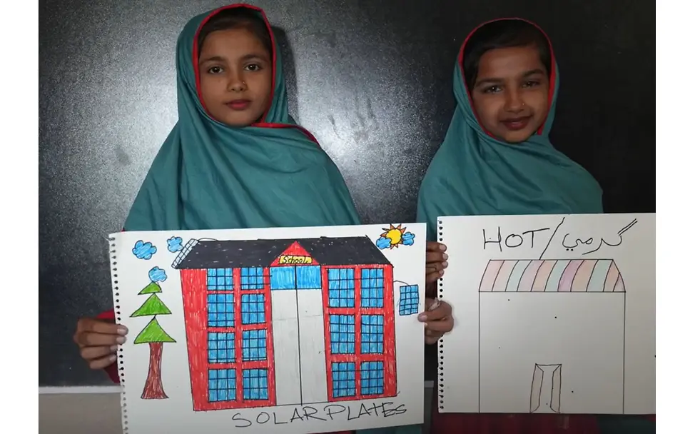 Gute Nachricht: Die Kinder malen die Probleme des Klimawandels und ihre Lösungen in der Schule.