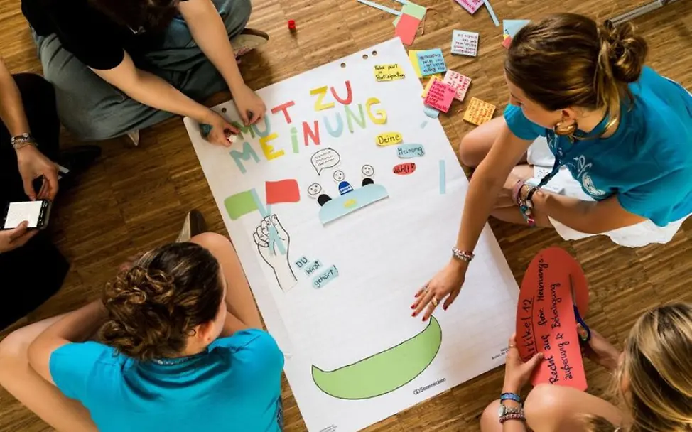 Schulaktion zum Tag der Kinderrechte: Jugendliche sitzen am Boden und arbeiten gemeinsam an einem großen Plakat.
